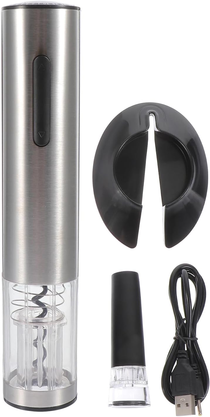 Rechargeable Automatic Electric Wine Opener with Stainless Steel Base Foil Cutter Vacuum Stopper USB Cable for Wedding Party Bar Home Use Easy Bottle Opening Tool for Wine Lovers