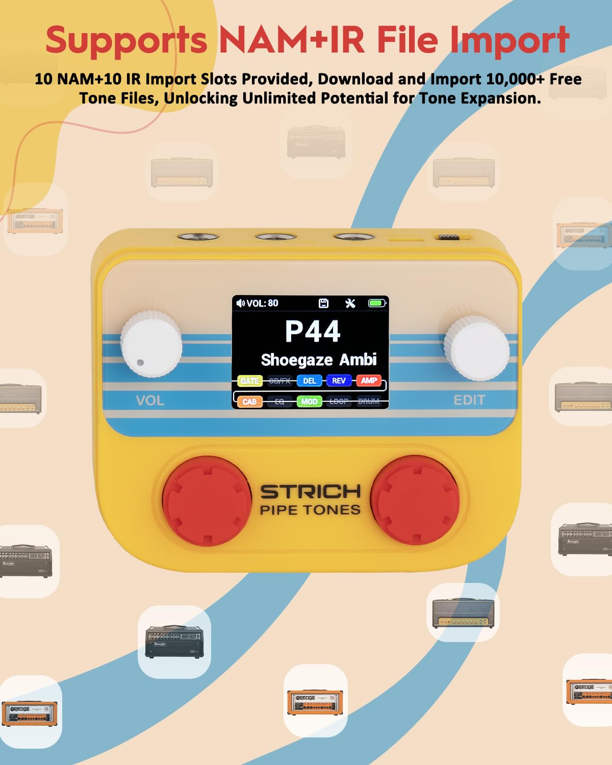 STRICH Pipe Tones Pocket Multi-Effects Processor per chitarra e basso con 10 moduli effetto 125 effetti Looper 40s 100 pattern di batteria Interfaccia audio USB Controllo wireless (Arancione)