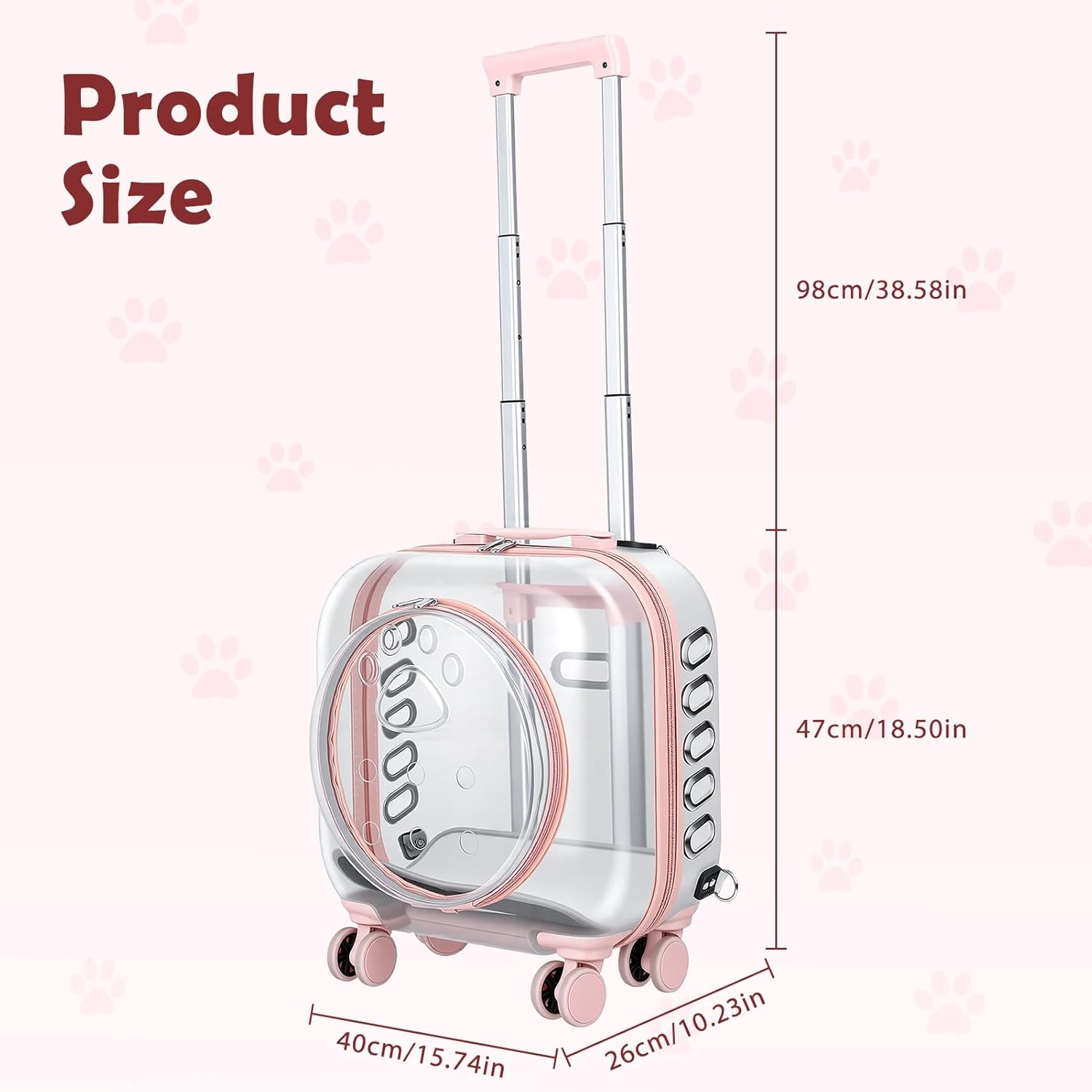 Pet Carrier with Wheels for Cats and Dogs, Clear Hard-Shell Rolling Pet Carrier with Retractable Handle, Airline-Approved Travel Carrier, Portable Cat and Dog Stroller (Pink)