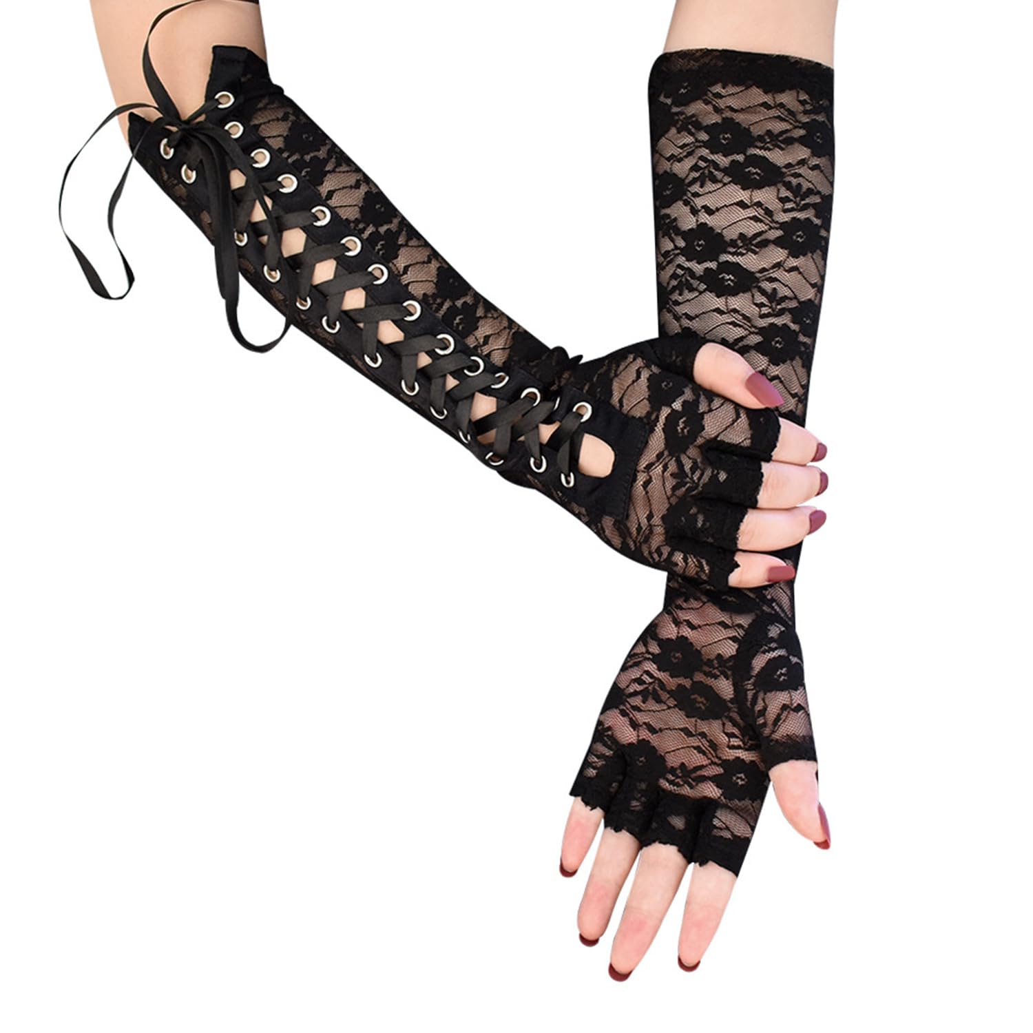 Steampunk Lace Up Fingerless Gloves,Womens Lace Dress Gloves,Long Gothic Gloves for Costume Party Wedding Cosplay Cocktail Party