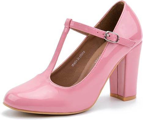 Womens T-Strap Mary Jane Pumps, Chunky Heel, Vintage Style, 3.54 Inch Round Toe Dress Shoes