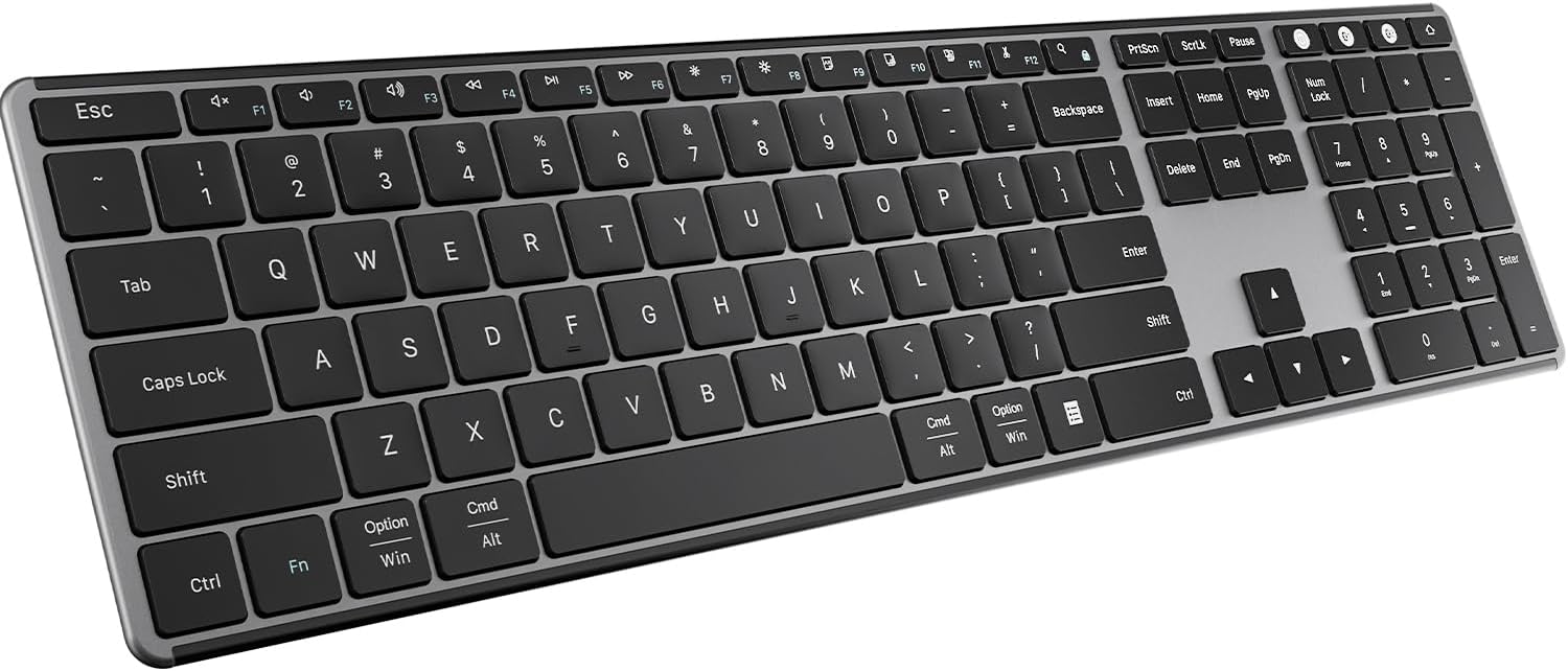 AUSDOM Wireless Bluetooth Keyboard Full Size, Quiet Slim Multi-Device Rechargeable Cordless QWERTY Keyboard with Number Pad, Low Profile Silent Flat Universal Keyboard for Computer/Mac/Windows