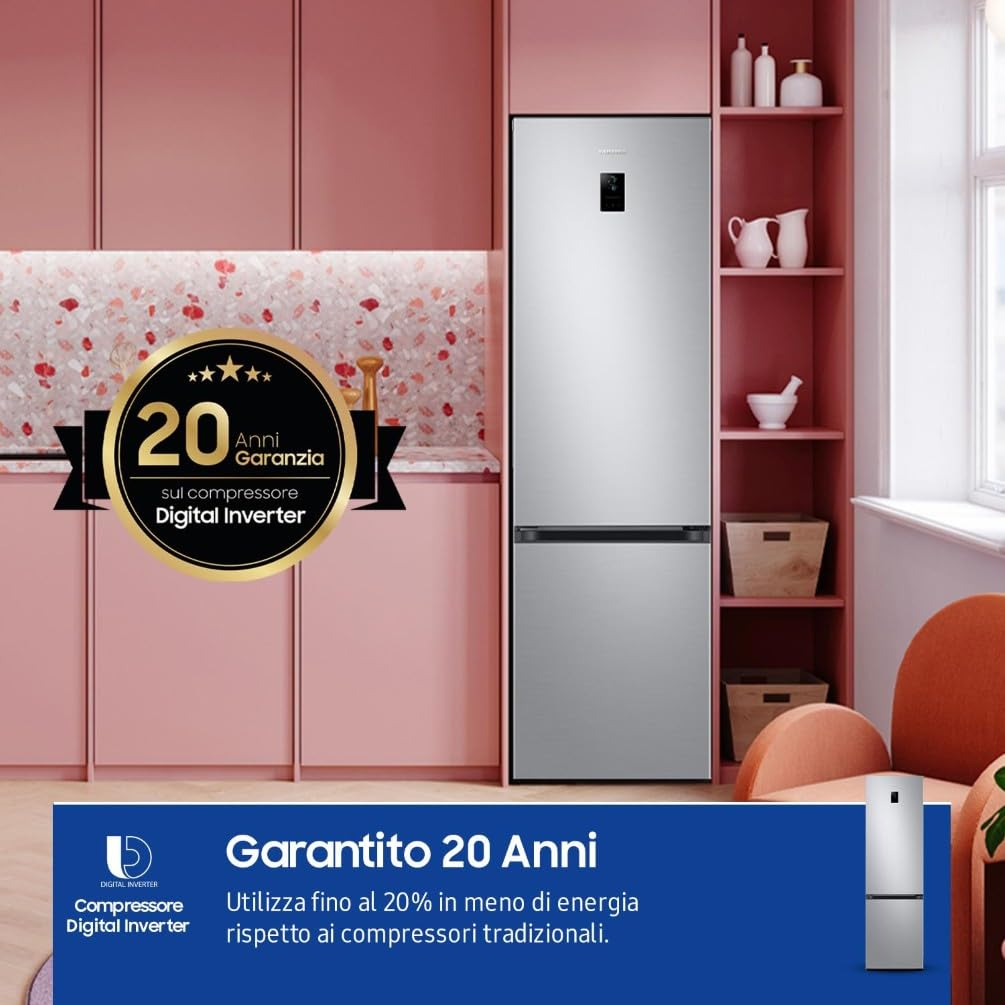 Samsung EcoFlex AI RB38C672CSA/EF Frigorifero Combinato, WiFi, SpaceMax, Total No Frost, All Around Cooling, Motore Digital Inverter Garantito 20 Anni, 390 L, LxAxP: 59,5 x 203 x 65,8 cm, Silver Inox