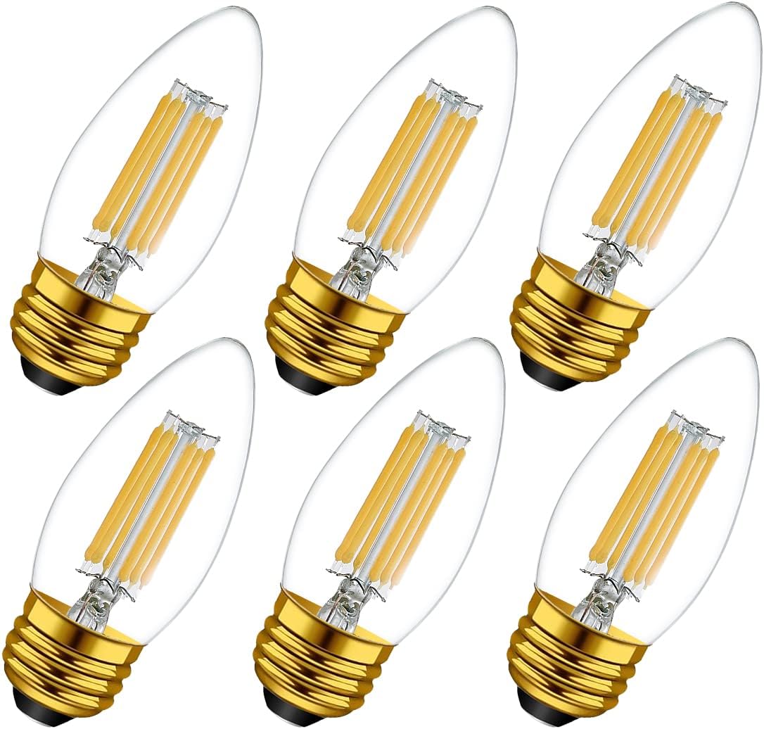 VCTC LightingDimmable E26 Candelabra LED Filament Light Bulbs 6W Daylight White 4000k, C37 Clear LED Edison Candle Bulbs 60 Watt Equivalent,600 Lumens,Pack of 6
