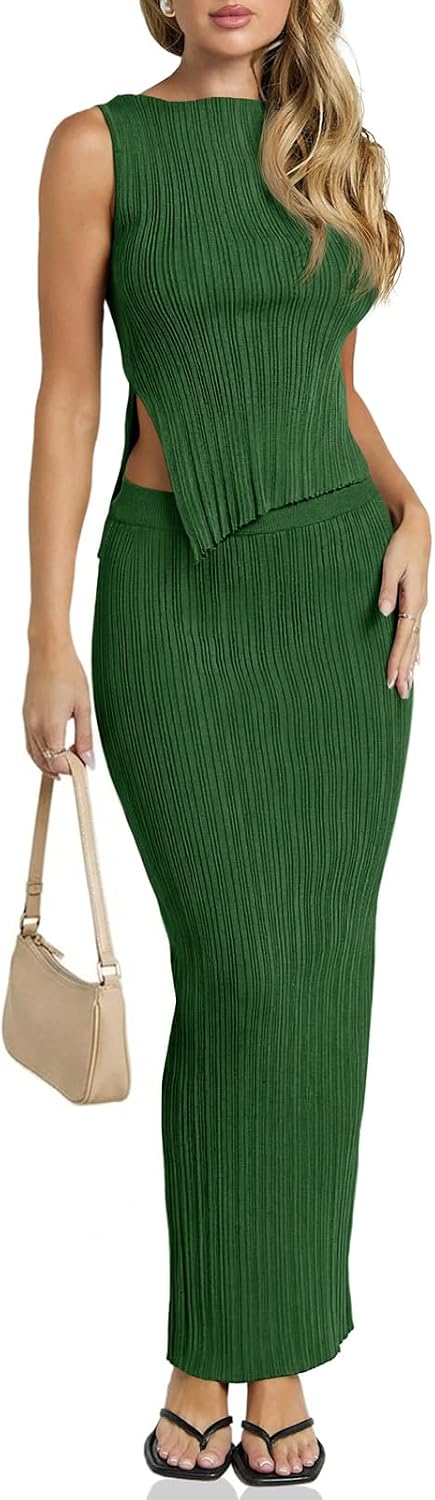 Wenrine Womens Ribbed Knit 2 Piece Outfit Sleeveless Crop Top High Waist Maxi Skirt Set Casual Summer Bodycon Matching Sets