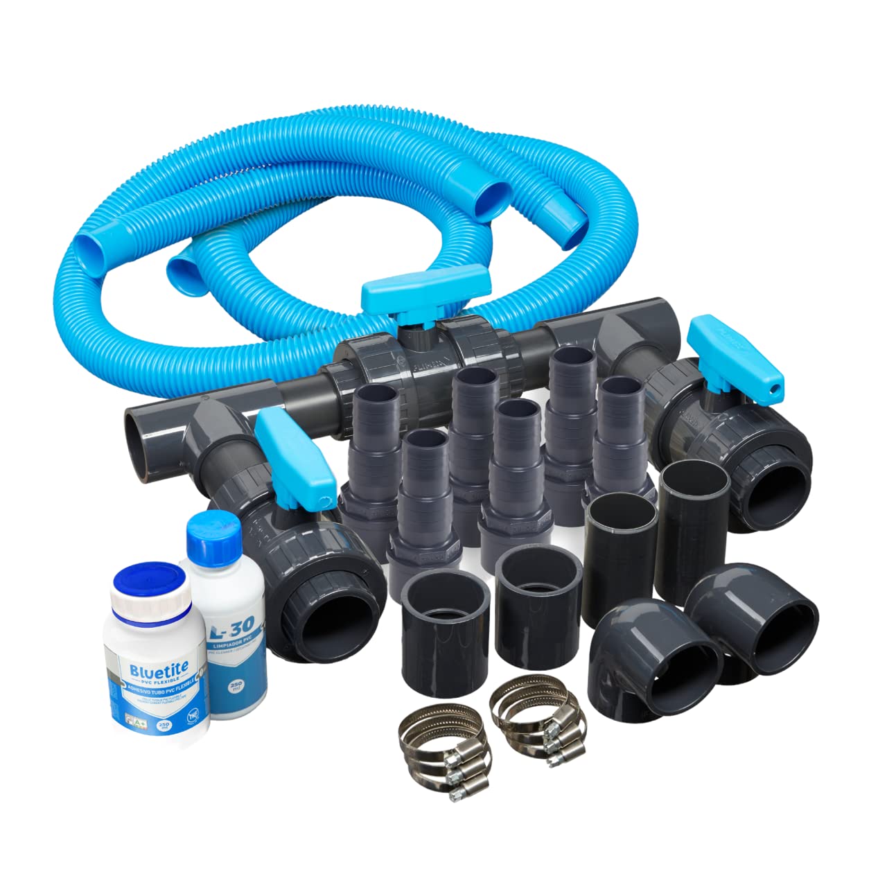 Pool Bypass Set Universal Deluxe 50 mm – Komplettset mit Kugelhähnen, Winkeln, Schläuchen, Kleber & Reiniger – Durchflussregelung für Wärmepumpe & Solaranlage