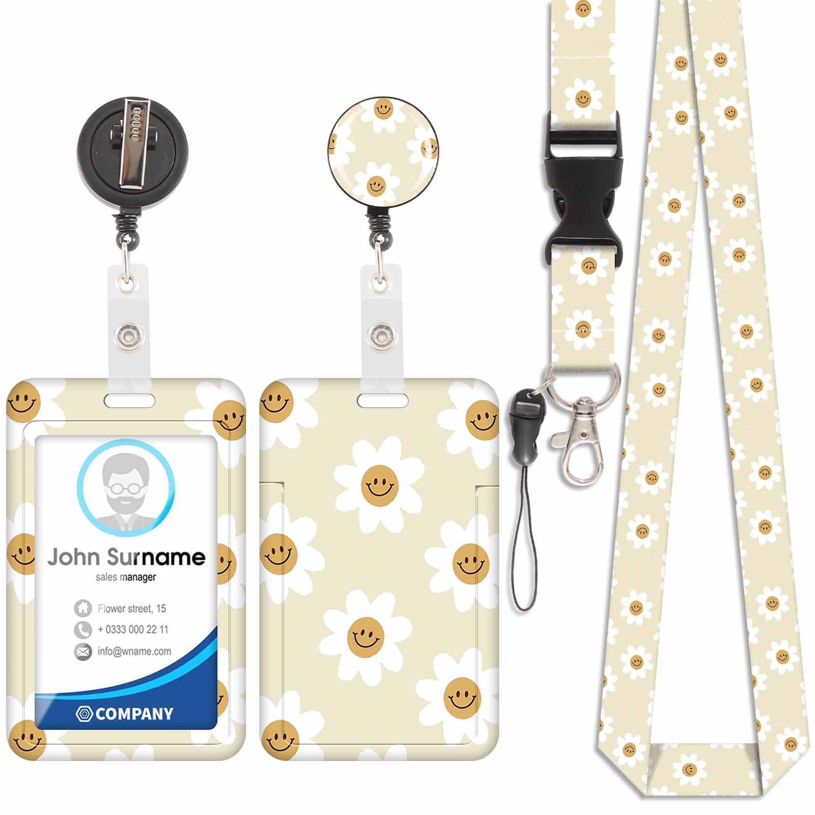 Badge Holder with Lanyard, ID Badge Holders with Detachable Cute Lanyard, Retractable Badge Reel Carabiner Clip, Personalized Vertical Card Cover Case Protector for Nurse Teacher Student (Smiley)