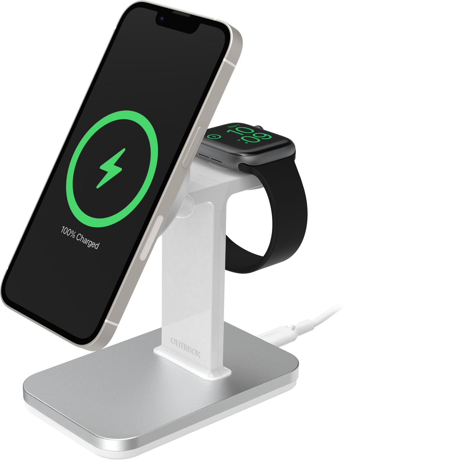 OtterBox kabellose 2 in 1 MagSafe Ladestation Type-C, Starke Magnetische Ausrichtung und Halt für MagSafe Produkte, Elegante Ladelösung für iPhone und Apple Watch, Grau