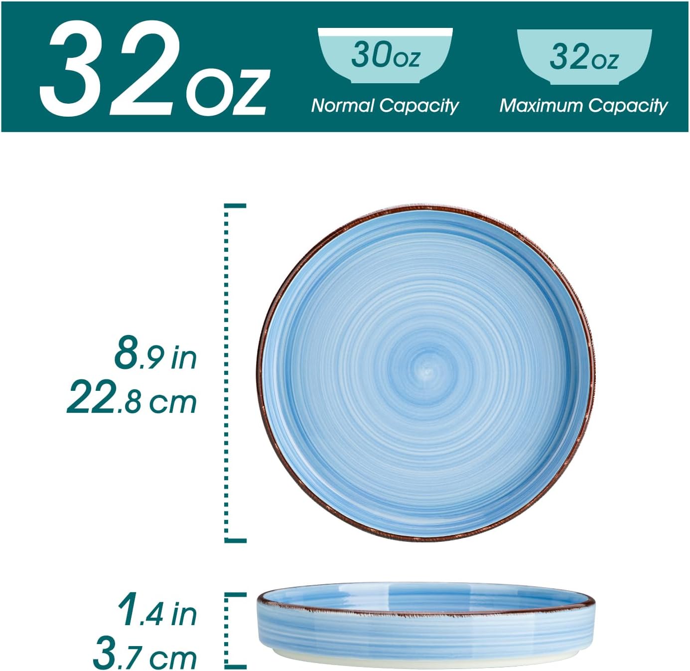 vancasso 32oz Pasta Bowls Set of 4, Shallow Bowl Plates for pasta, Deep Dinner Bowls, Ceramic Pasta Plates, Microwave & Dishwasher Safe Serving Bowls, Bule, Bonita Series - Image 2