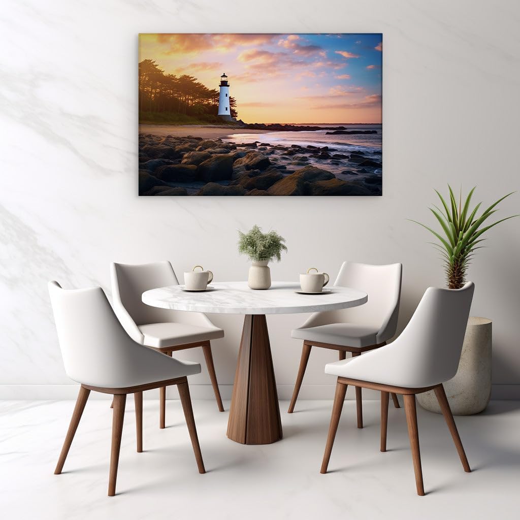 Canvas for Living room. Lighthouse Serenity at Sunset - The Golden Glow of Coastal Tranquility, 27 x 18 inch Canvas Wall Art - Contemporary Masterpieces - Modern Home Decor - 69x46 cm (27x18 inch)