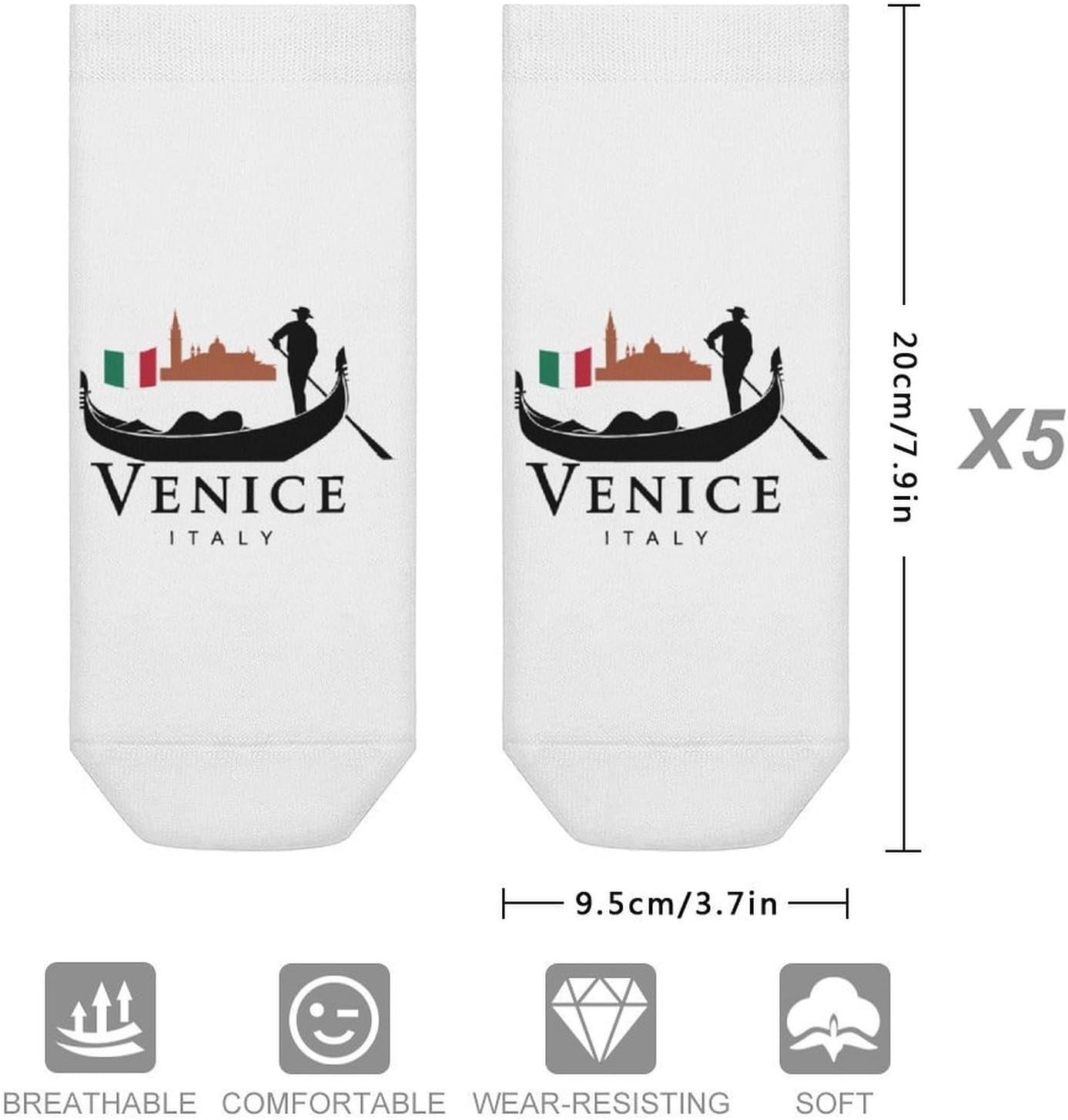 Vintage Venice Gondola Italy Flag Socks for Men Women 5 Pairs Ankle Socks