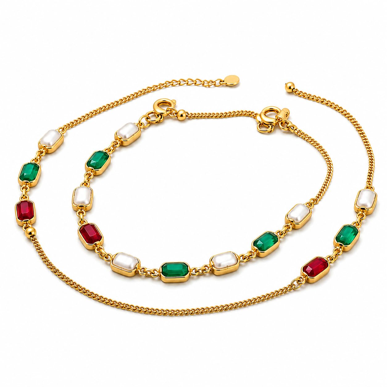 Gold Plated Ruby Emerald Pearl Anklet for Women Adjustable Chain-image-31