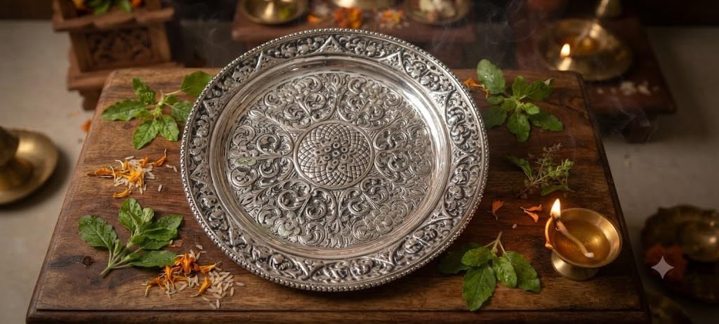 Pure German Silver AntiqueGerman Silver Antique Urli Bowl with Elephant Legs | 14 Inches Decorative Platter for Home Decor, Pooja, Festive Gifting, and Traditional Interior Styling (1.3 Kg)-image-2