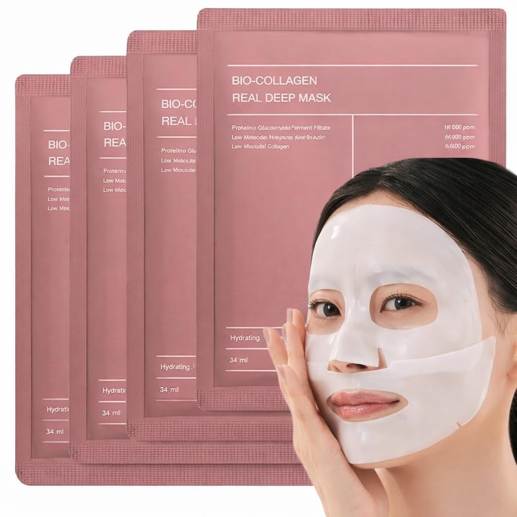 Sonshita Bio-Collagen Real Deep Mask Korean Collagen Face Mask with Low Molecular Collagen & Hyaluronic Acid Overnight Hydrating Hydrogel Mask Pore Minimizing, Wrinkle Reduction, Glass Skin Paraben-Free [Pack of 4]