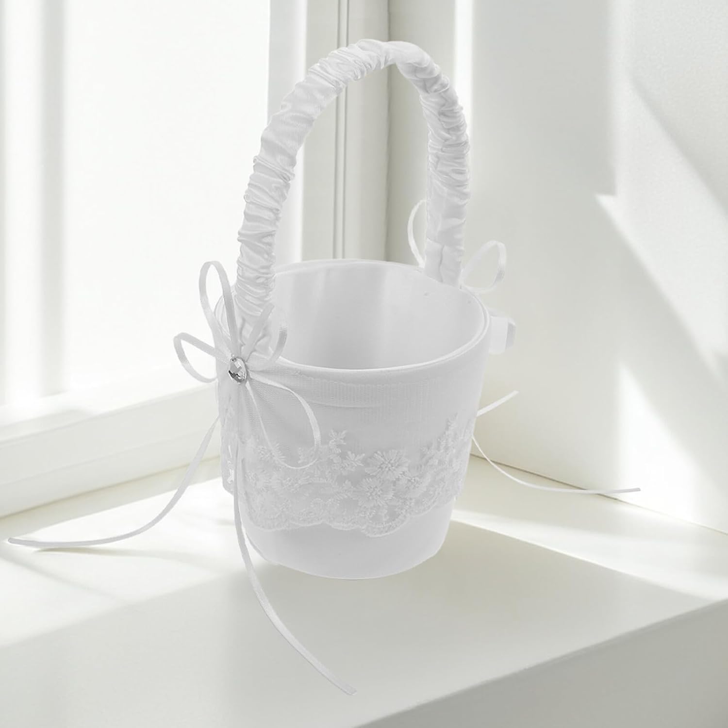 Wedding Flower Girl Basket White Lace Handheld Floral Ceremony Basket for Wedding Party Decoration