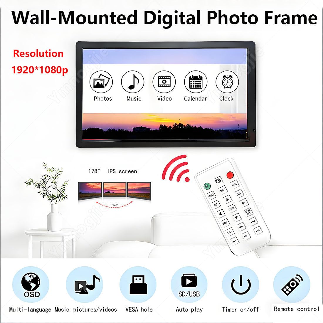 32 Calowa Pionowa Cyfrowa Ramka Na Zdjęcia,Cyfrowy Ekran Reklamowy LED 1920x1080p Ips HD,Wyświetlacz Montowany Na ścianie,Obsługuje USB/Sd,Obsługuje Zdjęcia/Filmy Black