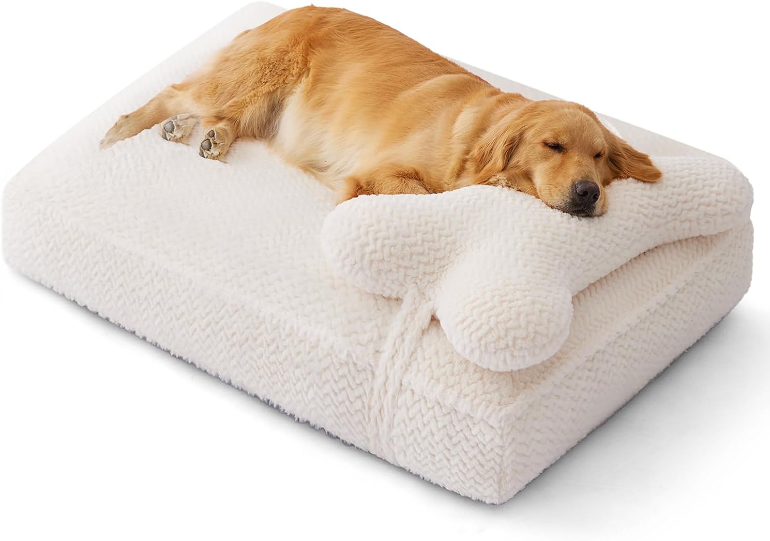 Soft Touch Faux Fur Dog Bed for Extra Large Dogs 8.5″ Extra Thick, Orthopedic Pet Bed with Waterproof Liner and Washable Cover, with Removable Cute Pillow, Cream Color