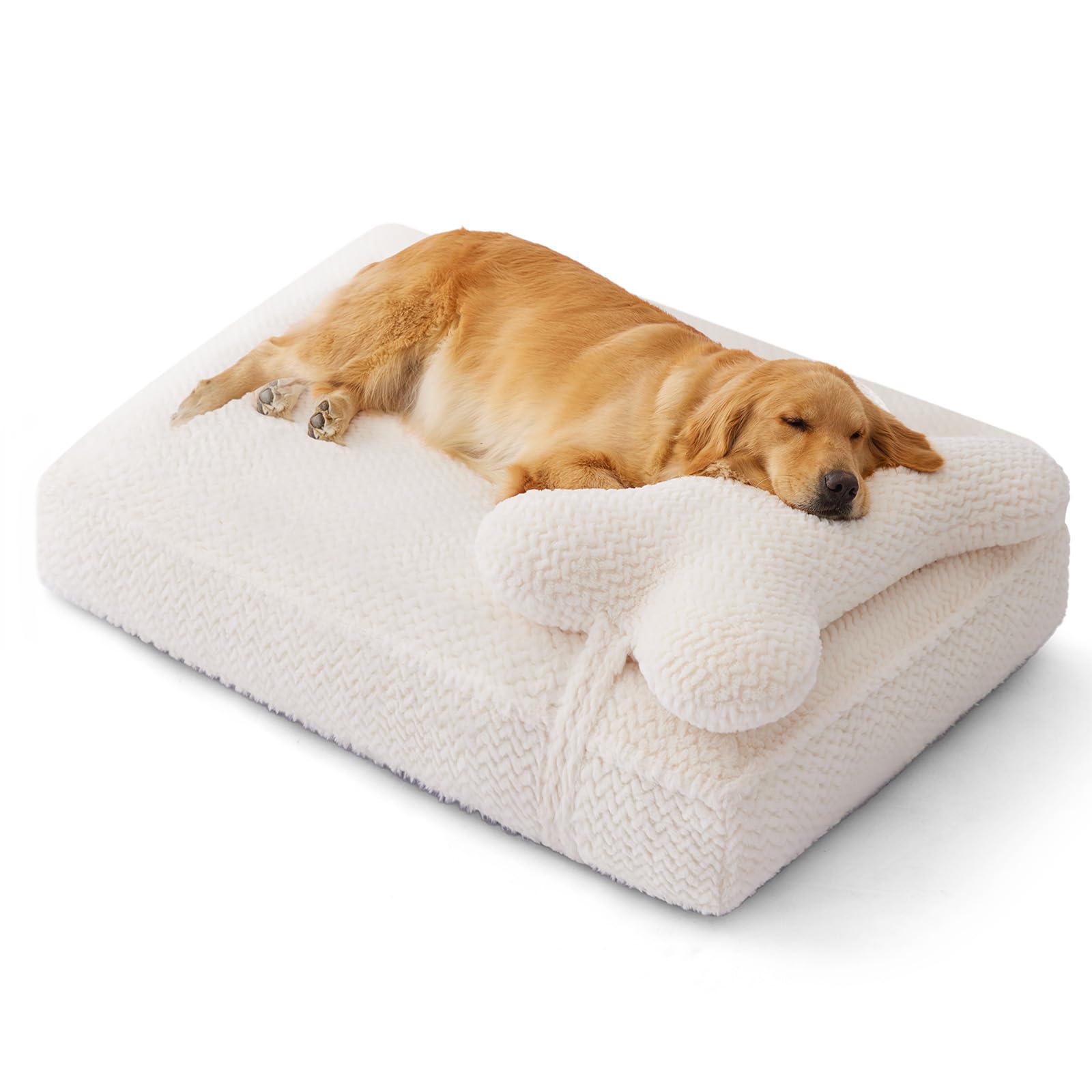 Soft Touch Orthopedic Dog Beds for Large Dogs, Extra Large Waterproof Dog Crate Bed with Removable Washable Cover, Attachable Pillow Cushion, Non-Slip Bottom (Ivory, X-Large)