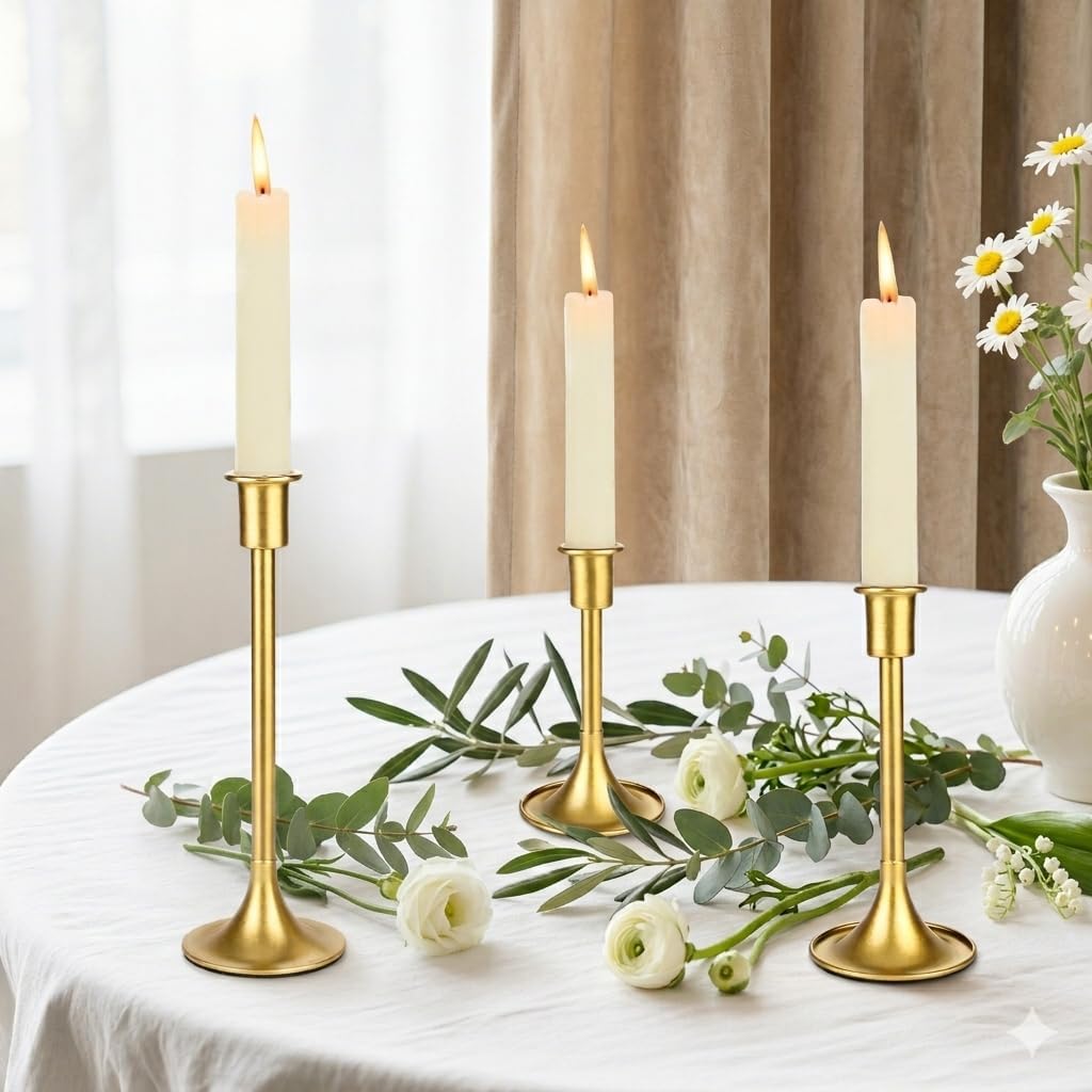 12 Pcs Gold Taper Candle Holders Lengthen with Anti-Slip Pad Vintage Low Metal Candles Metal Gold Candlestick Holder Set for Table Centerpiece,Weddings, Dinners Christmas Decor, 3 Sizes