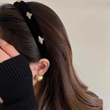 PLwelth Black Bee Velvet Headband for Women Girls Cute Bee Headband No Slip Hairband for Thin Thick Long Short Curly Hair Fashion Vintage Plastic Hairband Hair Accessory for Birthday Party