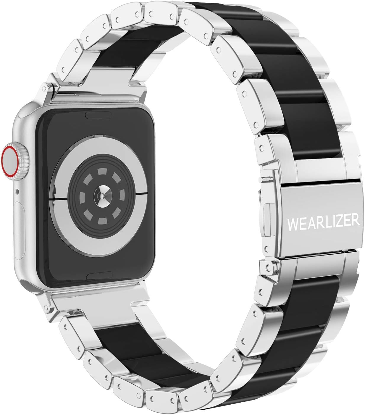 Wearlizer Compatible with Apple Watch Bands 38/40/41/42mm Mens Womens Replacement Strap Silver Stainless Steel & Black Resin Wristband Fashion Metal iWatch Series 11 10 9 8 7 6 5 4 3 SE/Ultra 3 2 1 - Image 2