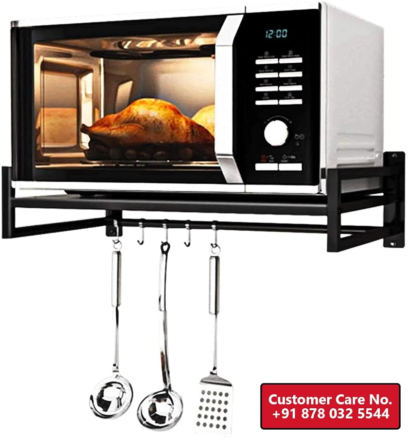 A to Z Hub Laksh CASA-Wall Mount Microwave Oven Rack - Metal Holder Storage Stand - Cooker Utensils Dish Shelf Organizer with Hooks for Home & Kitchen Appliances