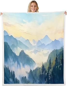 jejeloiu Smoky Mountain Fleece Throw Blanket Baby 30"x40" Kids Trees Natural Scenery Art Sherpa Blanket for Boys Girls Teens Sunrise Plush Blanket Breathable Foggy Scenic