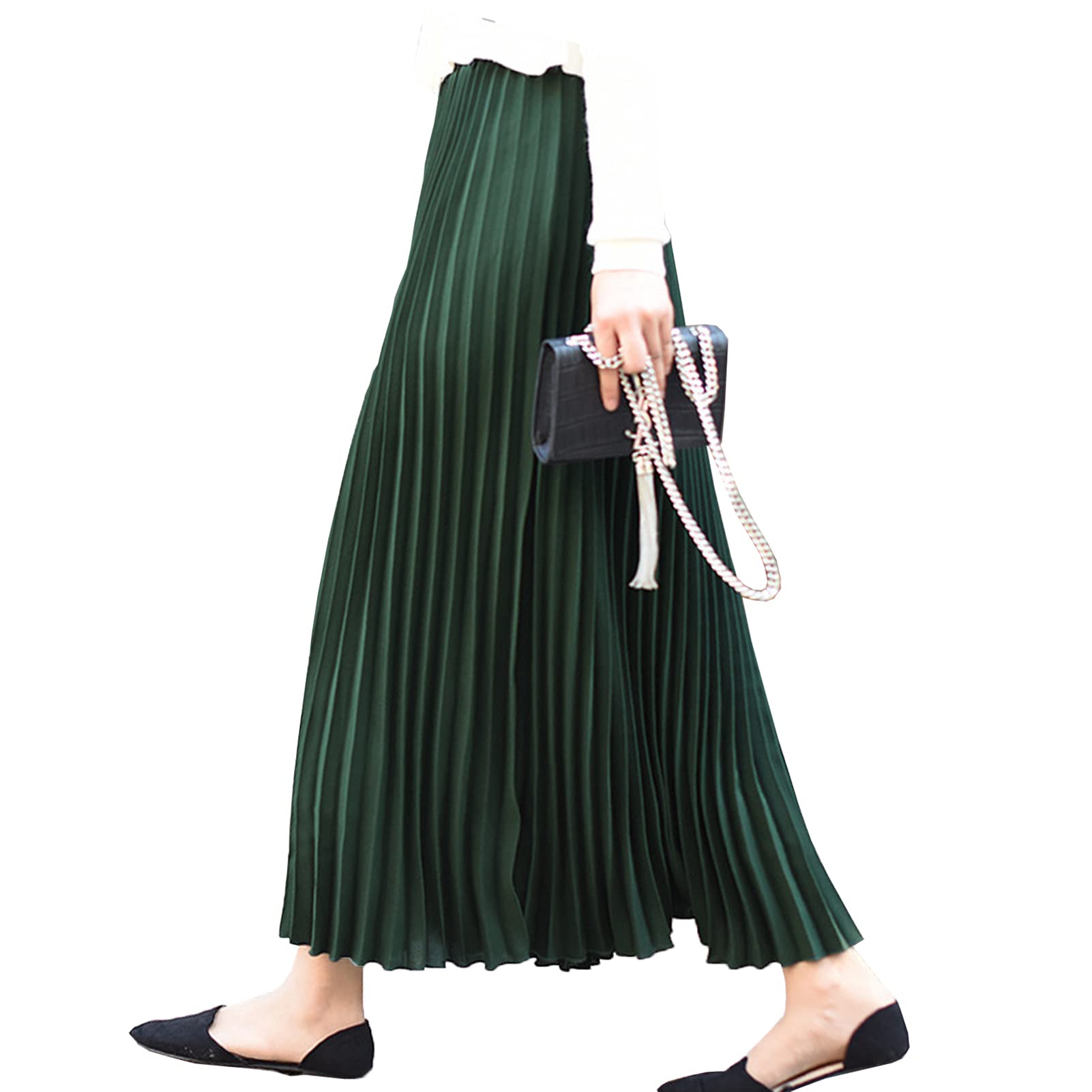 Yishengwan Women's Dark Green Long Skirts Elastic Waist Pleated Skirt Party Midi Flowy Skirts M
