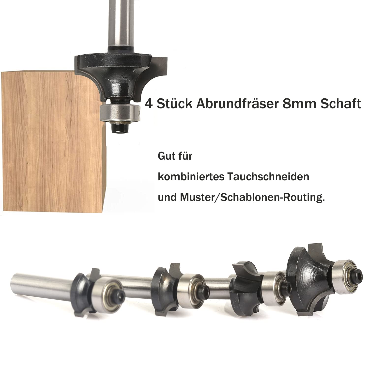 4 Stück Abrundfräsar, 8mm Schaft Rundfräser Standard Radiusfräsar Set, mit Kugelleger, Abrundfreser für Kantenfräse /Frästisch