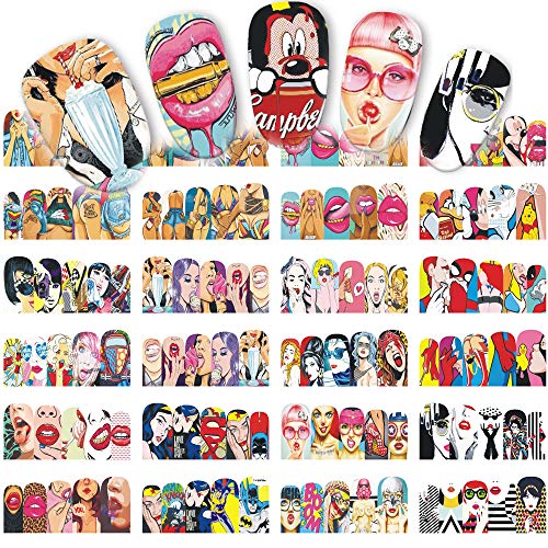 iFancer Nail Stickers Water Transfer Nail Art Decals Trendy Manicure Full Nail Wraps Women Girls Fingers Toes Nail Tattoo Decoration Punk Red Kiss Lips Sexy Girls Pattern Design Nail Art Supplies