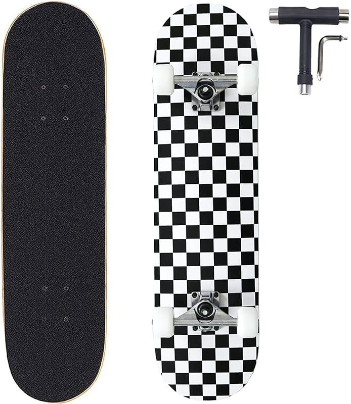 ANNEE 31x8 Inch Pro Skateboard Complete,7 Layer Canadian Maple Wood Double Kick Concave Skate Boards, Tricks Skateboards for Youths,Beginners,Girls,Boys,Kids,Teens,Adults (Black, White)