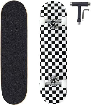 ANNEE 31x8 Inch Pro Skateboard Complete,7 Layer Canadian Maple Wood Double Kick Concave Skate Boards, Tricks Skateboards for Youths,Beginners,Girls,Boys,Kids,Teens,Adults Black, White