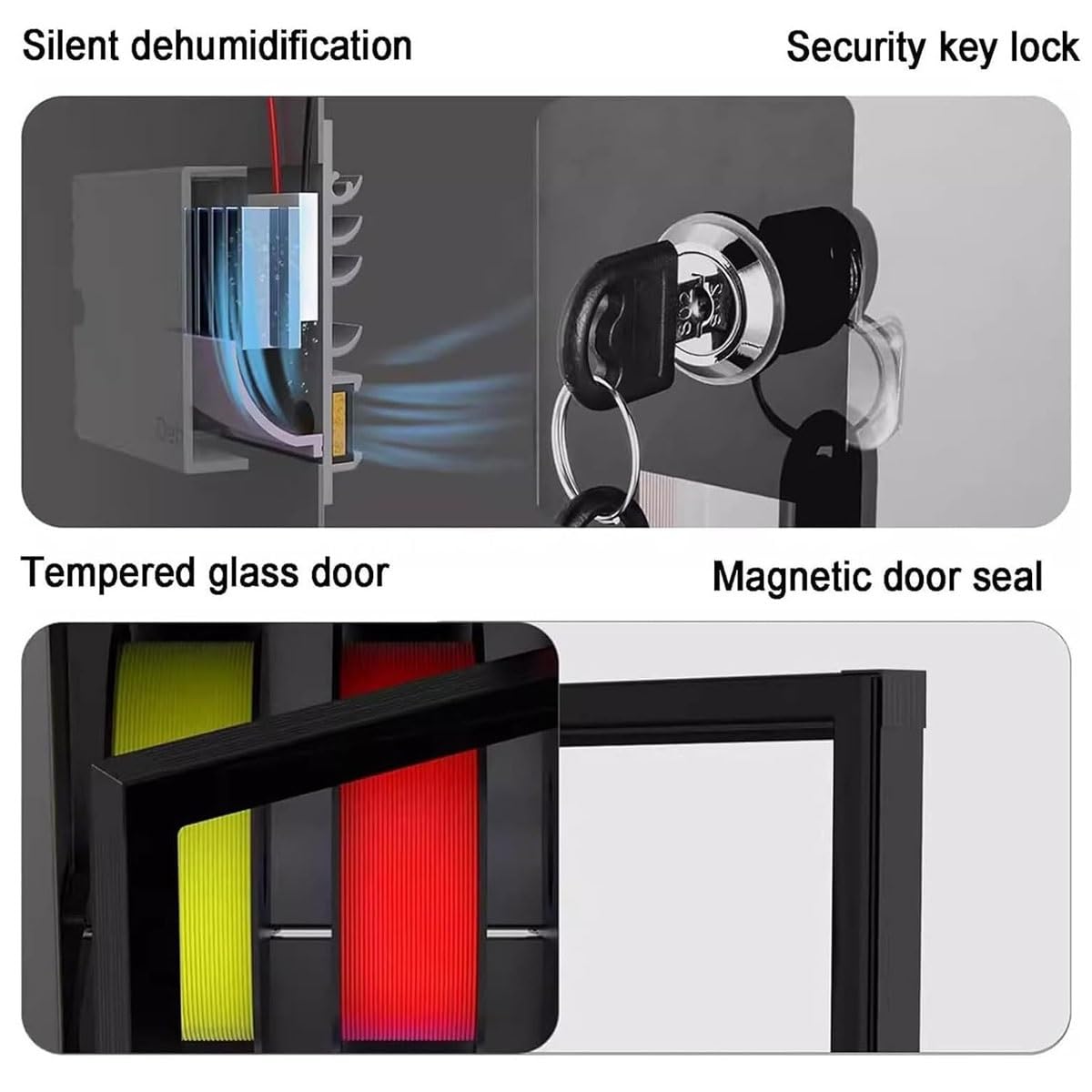 Caja de almacenamiento deshumidificador de filamento para impresora 3D con control de humedad ajustable, sostiene múltiples rollos, incluye bloqueo de seguridad para la conservación del material
