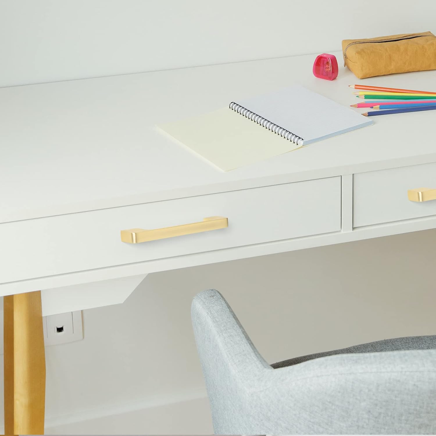 Haliwu 10 Pack Cabinet Handles Brushed Gold Cabinet Pulls 6-1/4 Inch Hole Center Drawer Pulls Modern Square Dresser Handles for Bathroom Kitchen Bedroom, Zinc Alloy