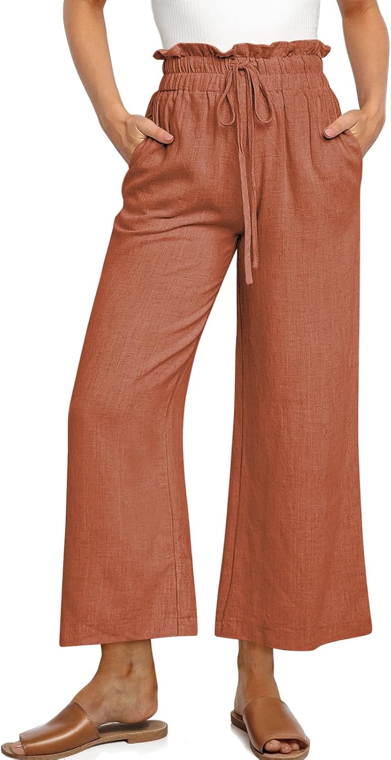 UEU Women's Linen Casual Pants Summer Wide Leg Loose Ruffle High Waist Cropped Drawstring Palazzo Flowy Trousers with Pockets