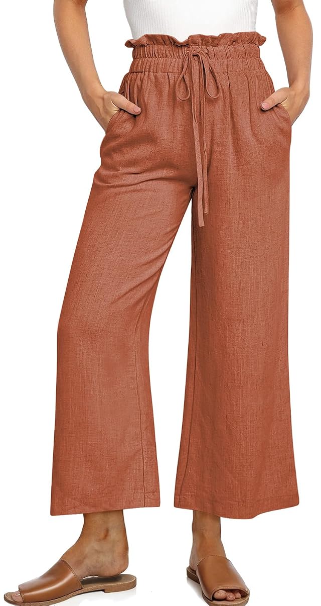 UEU Womens Linen Palazzo Pants 2026 Casual Loose Wide Leg Flowy Cropped Trousers with Pockets- 25 Inseam Rust