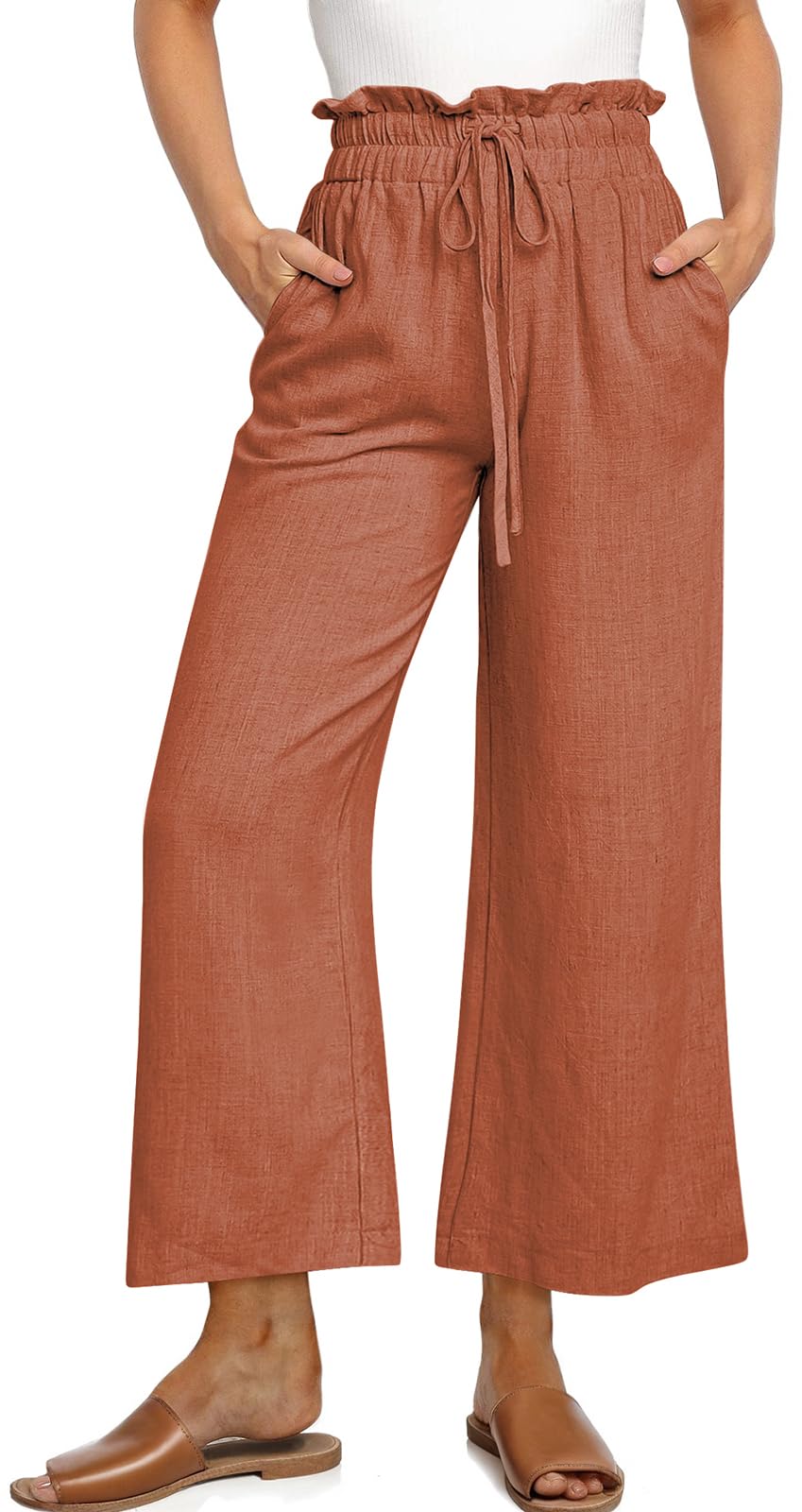 UEU Womens Linen Palazzo Pants 2026 Casual Loose Wide Leg Flowy Cropped Trousers with Pockets- 25 Inseam Rust