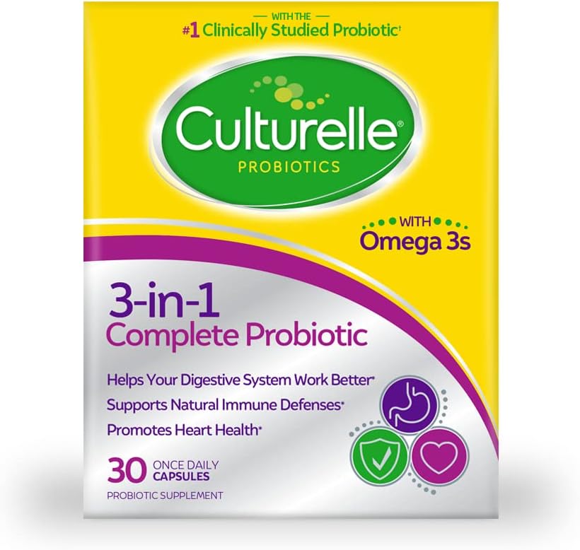 3-in-1 Complete Probiotic Daily Formula, Once Per Day Probiotic Supplement, Helps Your Digestive System Work Better, Supports Natural Immune Defenses, Plus Omega 3's, Non-GMO, 30 Count