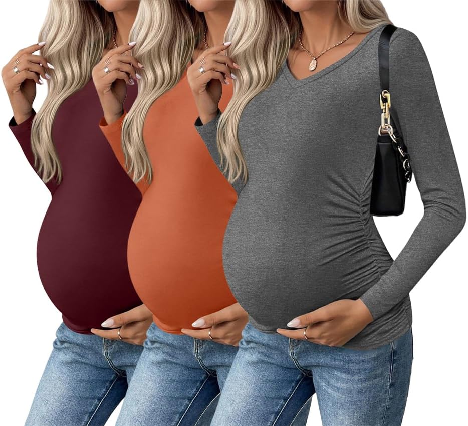 Ekouaer Womens Maternity Shirts Long Sleeve 3 Packs Pregnancy V-Neck Clothes Side Ruched Blouse Tops for Mama S-XXL
