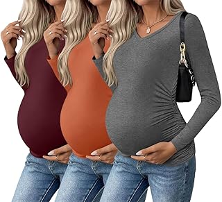 Ekouaer Womens Maternity Shirts Long Sleeve 3 Packs Pregnancy V-Neck Clothes Side Ruched Blouse Tops for Mama Maroon/Car