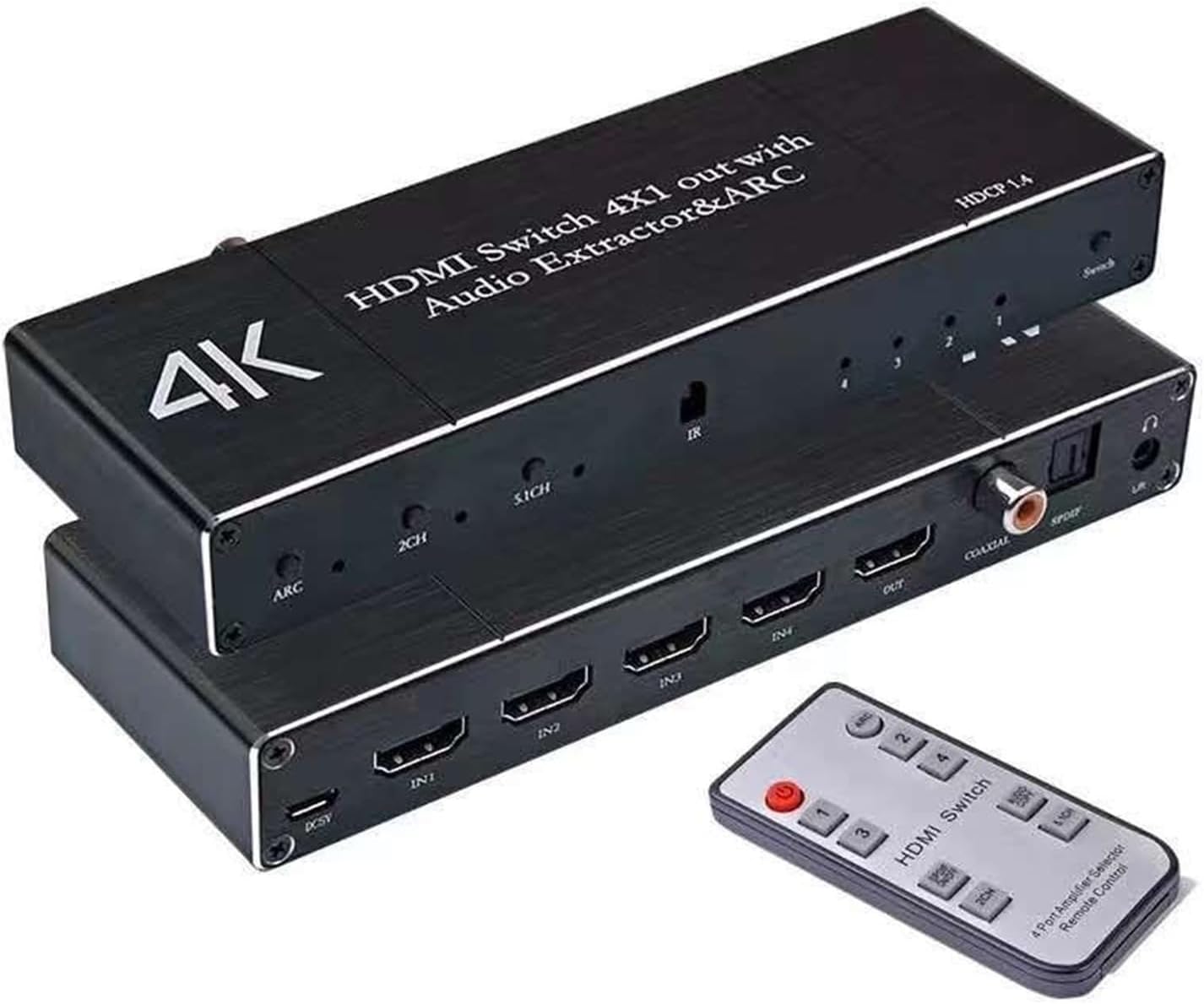 4K/60Hz HDMI Switch Remote 4x1 HDR HDMI Switcher Audio Extractor with ARC & IR Switch HD-MI 2.0 for PS4 TV HDTV Jack Toslink ARC(EU Plug)
