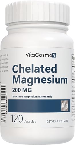 VitaCosmoX Bisglicinato de magnesio quelado, 200 mg, 120 cápsulas veganas, 60 porciones, sin gluten, sin OMG y apto para vegetarianos