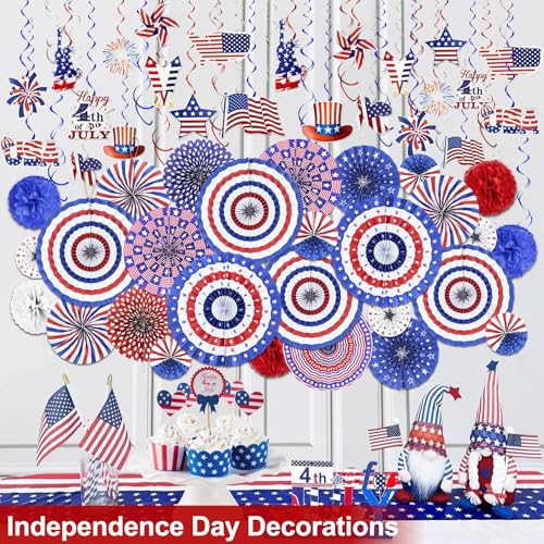 Image of AMENON 78 PCS 4th of July Decorations Set, Patriotic Paper Fans Decorations Red White Blue Hanging Paper Pom Poms Swirls Americans Flag Stars Stripes Party Supplies for Independence Day Indoor Decor