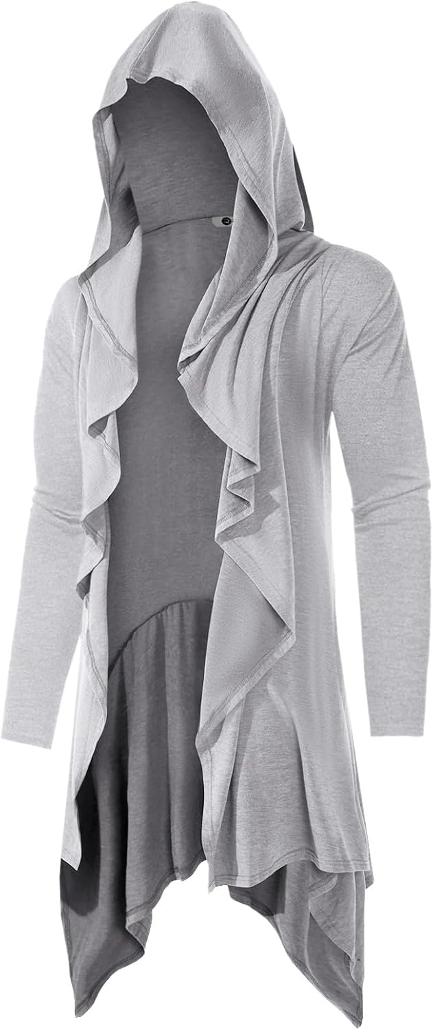 Runcati Mens Long Hooded Cardigan Ruffle Shawl Collar Open Front Long Sleeve Lightweight Drape Robe