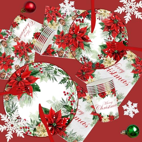 Christmas Paper Plates and Napkins,Disposable Poinsettia Paper Plates Cups Christmas paper Dinnerware for Xmas Holiday Party Supplies,Serves 24 – Image 5