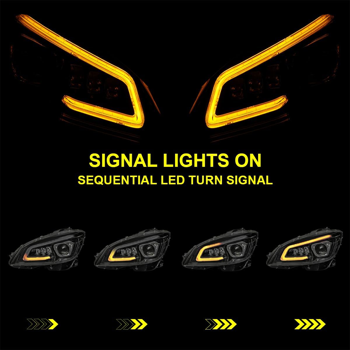 SPEC-D TUNING Jet Black Full LED Projector Headlights w/Sequential Turn Signal Compatible with 2008-2011 Mercedes Benz W204 C-Class, Left + Right Pair Headlamps Assembly