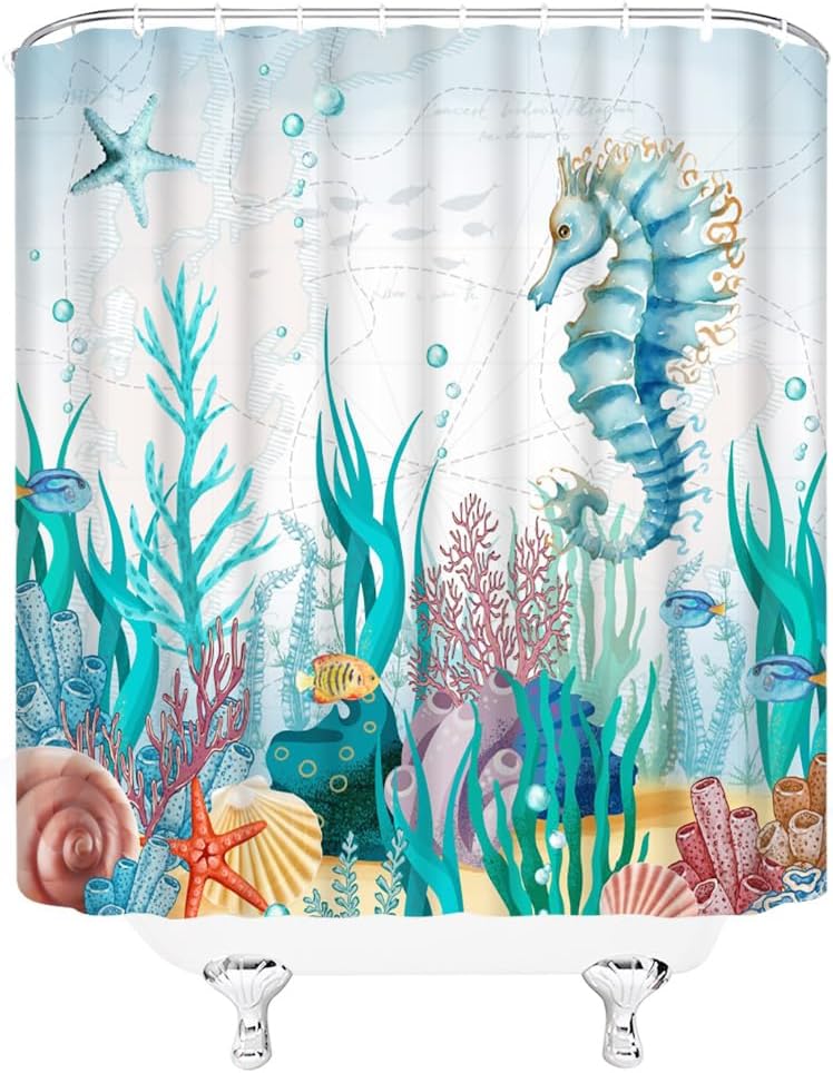 Seahorse Shower Curtain Teal Marine Life Starfish Coral Seaweed Nautical Beach Theme Bathroom Decor Fabric Curtains with Hooks