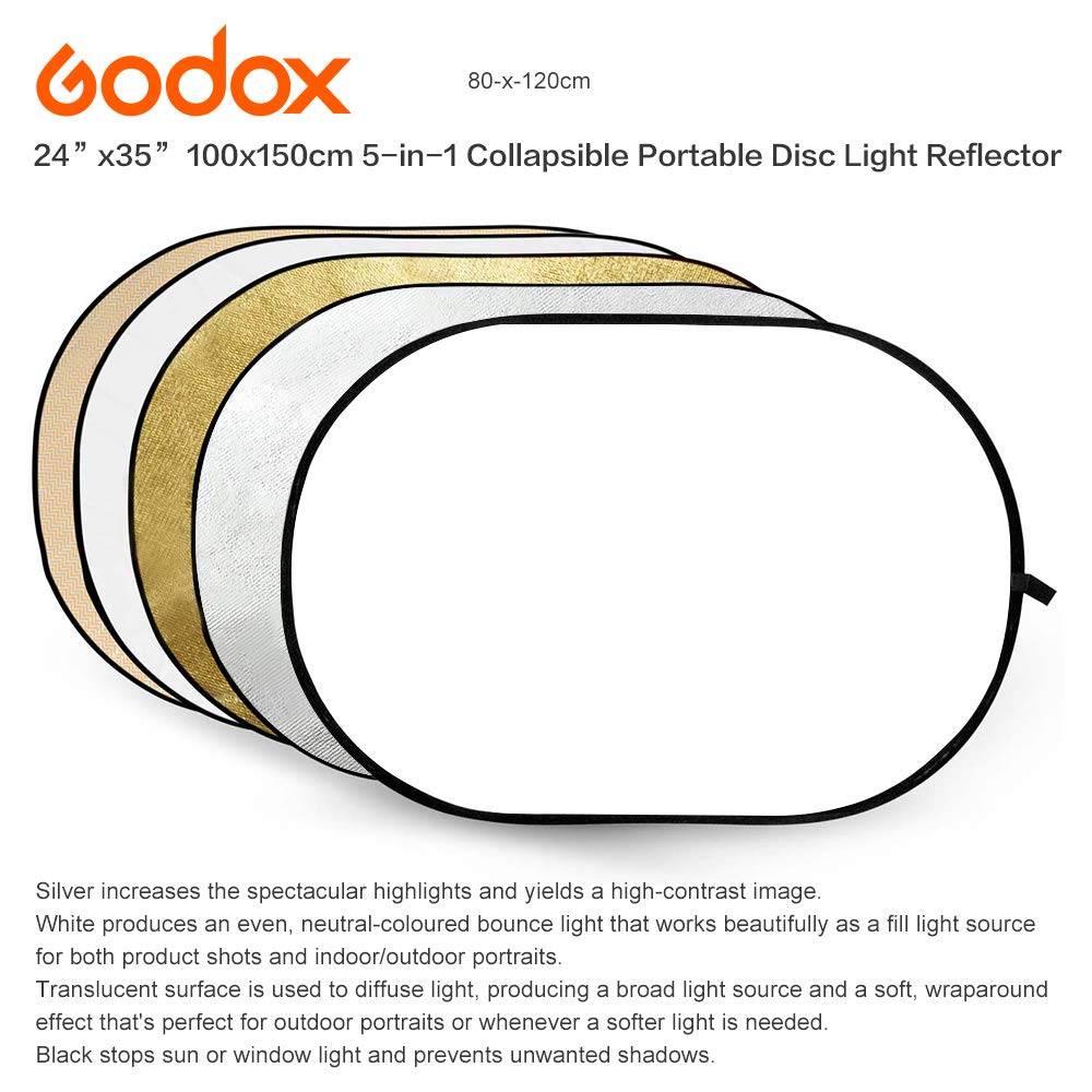 Godox 5 en 1 Ovale 100 x 150 cm Professionnel Pliable Multi-Disque réflecteur de lumière et translucides (RFT05-100x150)