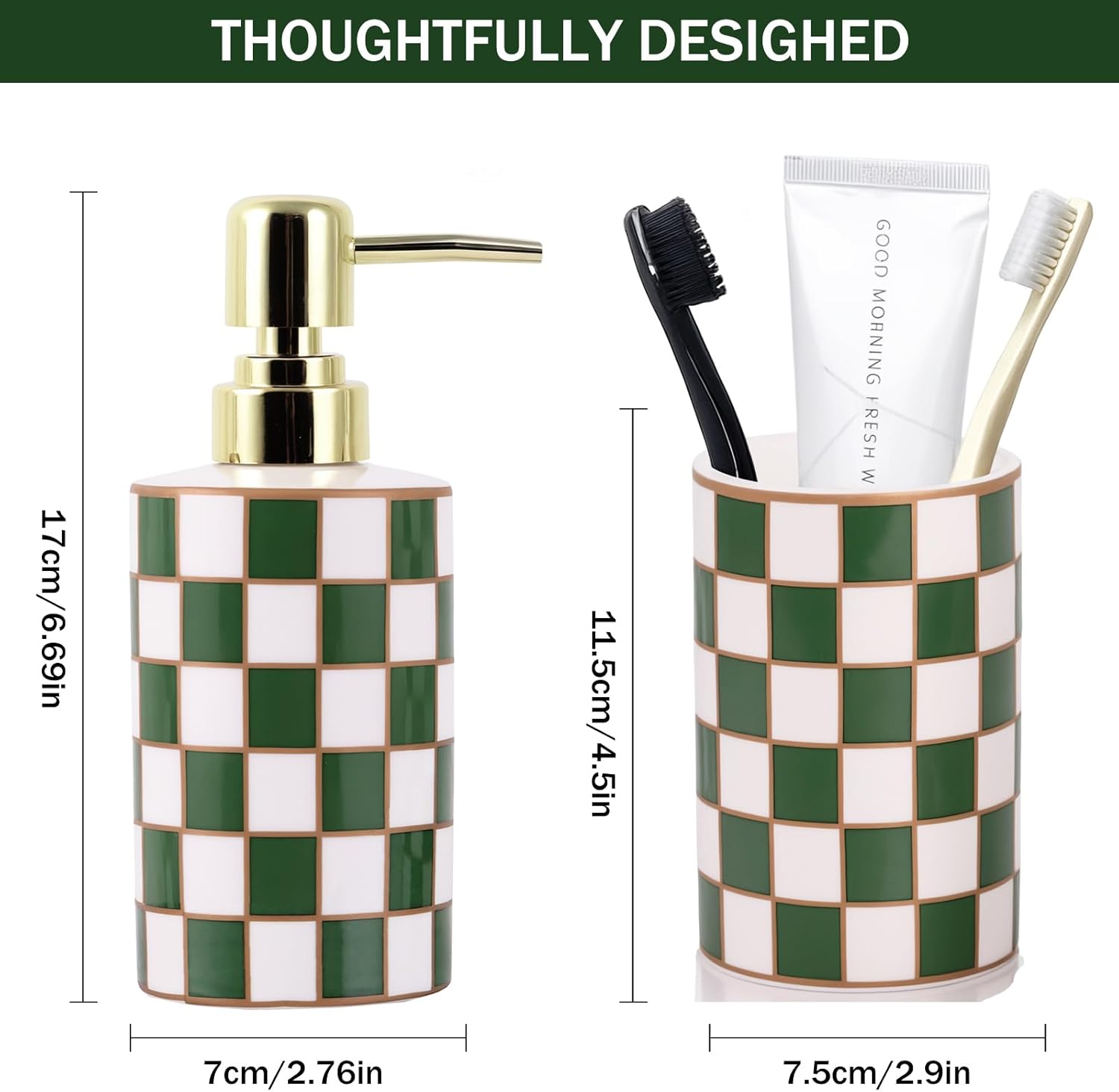 Bathroom Toothbrush Holder Set, Ceramic Checkered Soap Dispenser and Tooth Brush Holder Set, Modern Bathroom Accessories Sets Countertop, Black and White Checkered Bathroom Decor Set (Green)