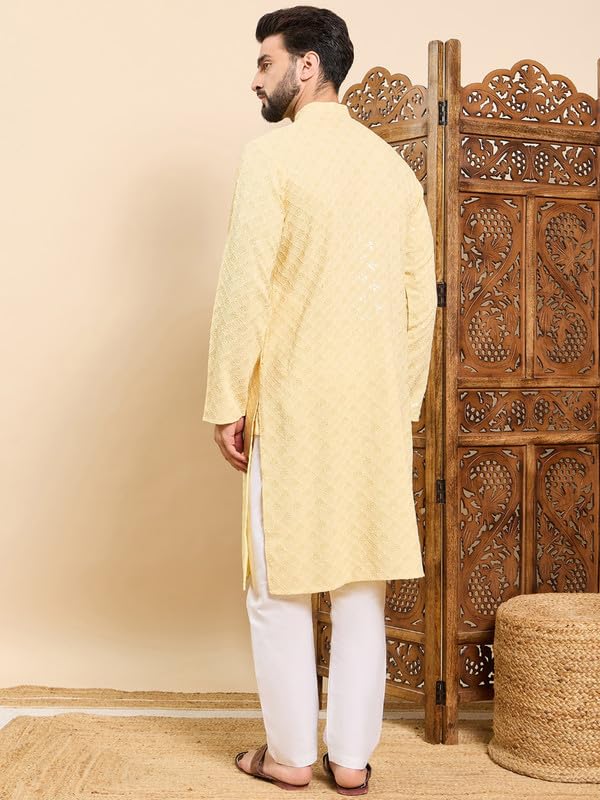 Image of Vaamsi Ethnic Bay Men's Viscose Rayon Solid Embroidered Long Straight Kurta | Men's Kurta | Embroidered Chikankari Kurta for Men | Straight Fit Kurta for Men